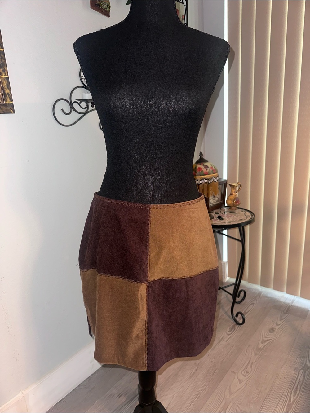 Vintage 90s ILU Patchwork Colorblock Suede A-Line Skirt in Brown and Tan, Size 7